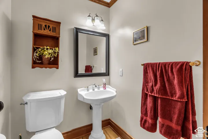 Elegant half bath featuring a pedestal sink with chrome fixtures, white porcelain toilet, wood-finish flooring, and burgundy towel bar
