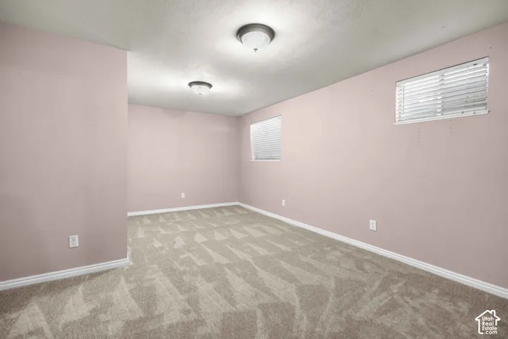 Neutral-toned carpet flooring, light pink walls, white trim, and two windows with blinds