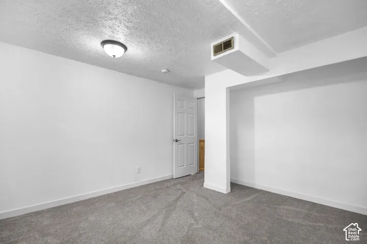 Neutral wall color, textured ceiling, flush-mount ceiling light, gray carpet flooring, white trim