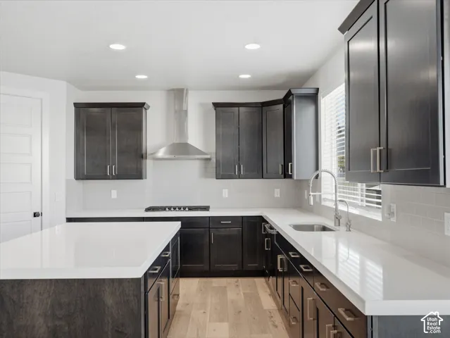 Modern kitchen featuring dark wood-finish cabinetry, light-toned countertops, tile backsplash, stainless steel range hood, and light wood-finish flooring