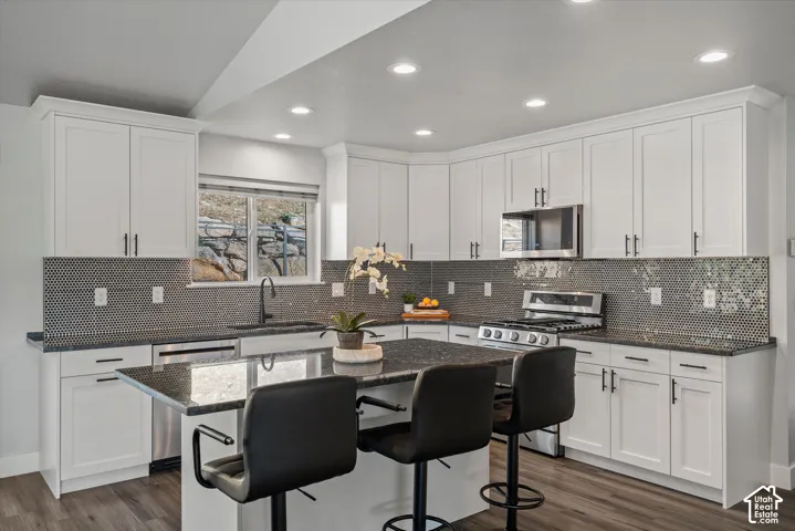 White shaker cabinetry, dark speckled countertops, mosaic tile backsplash, stainless steel appliances, and recessed lighting