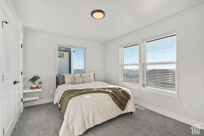White walls, gray carpeting, dual windows, single window, and a built-in floating shelf