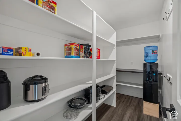 Spacious pantry featuring extensive built-in shelving, durable wood-finish flooring, and white walls