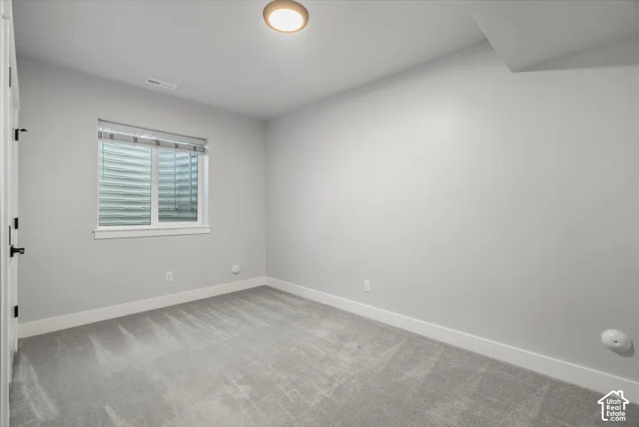 Neutral wall paint, plush carpeting, egress window, white trim, and a ceiling-mounted light fixture