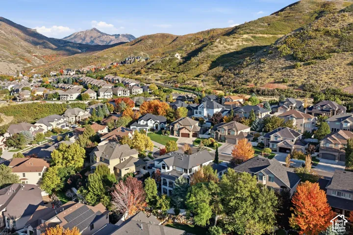 Aerial perspective of a residential neighborhood featuring mountain topography, mature foliage, and paved street infrastructure