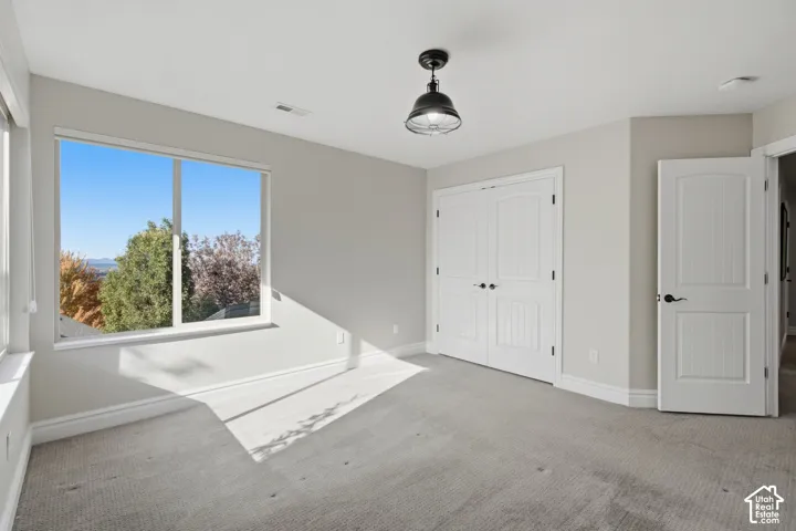 Neutral-toned interior featuring large windows, double-door closet with dark hardware, carpeting, and a modern industrial-style pendant light