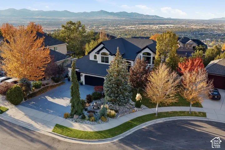 Multi-level residence featuring a multi-gabled asphalt shingle roof, a paved driveway, and established perennial landscaping