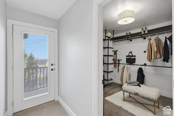 Exterior door with a glass pane, metal railing balcony, and custom industrial-style shelving featuring matte black rods and hanging storage