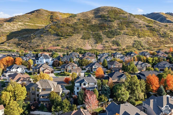 Aerial perspective featuring established residential surroundings with mature trees and a prominent mountain backdrop