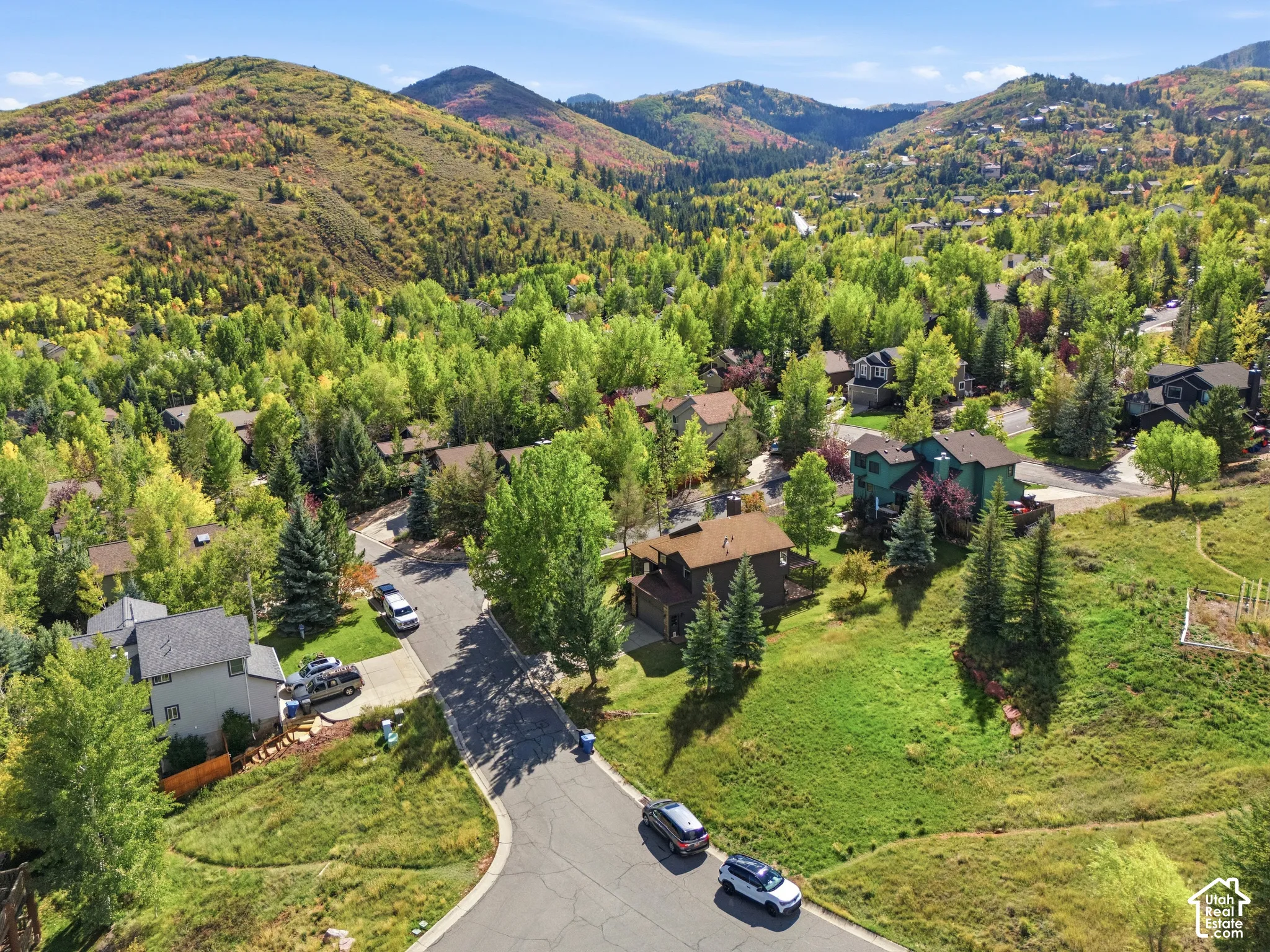 Expansive mountain scenery with diverse tree coverage, a cul-de-sac street, and a residential community