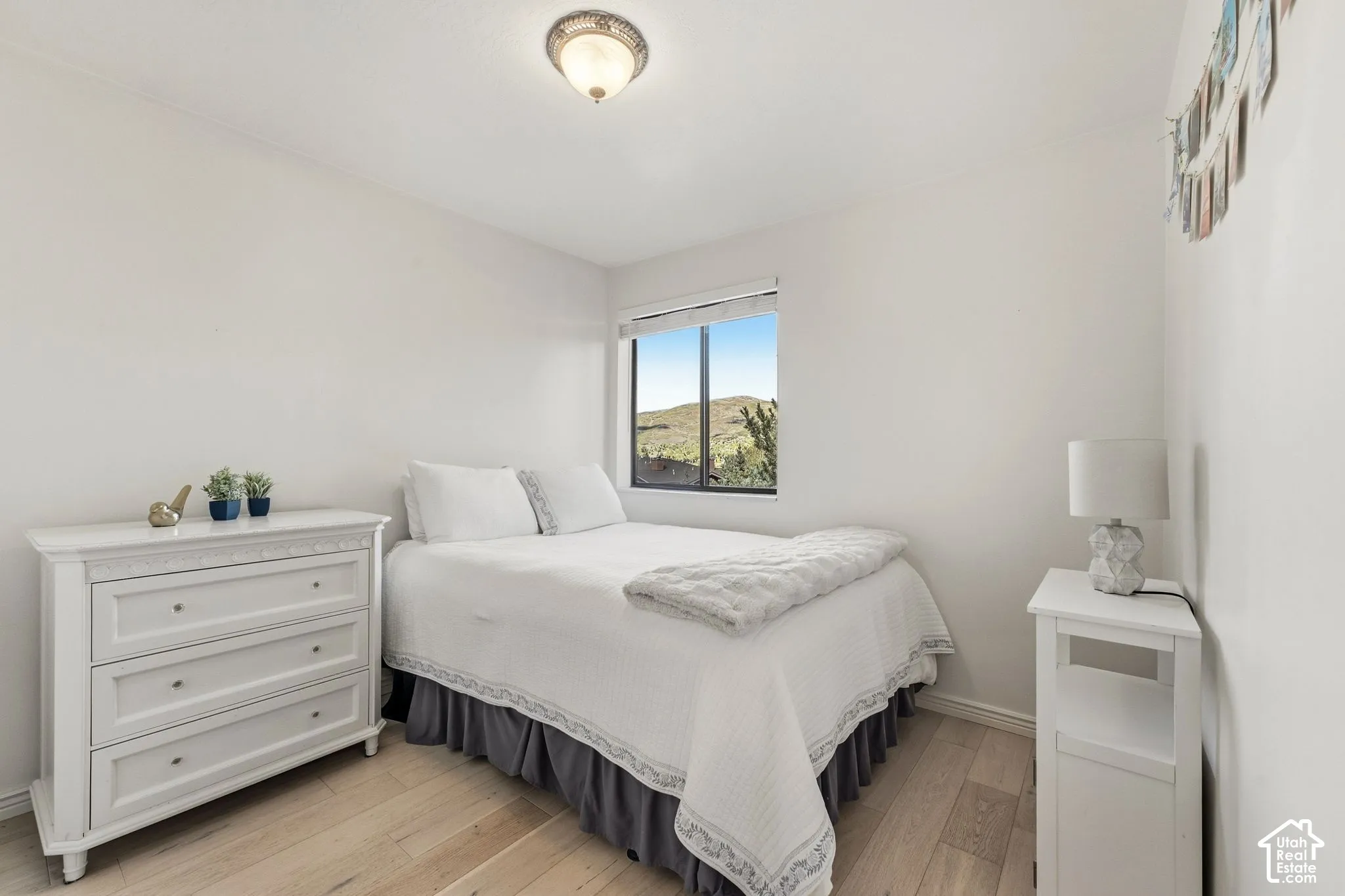 Recessed window with exterior scenery, wood-finish flooring, and ceiling-mounted light fixture