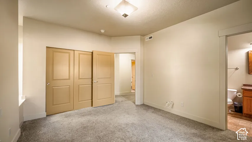 Plush carpeting throughout, paired with a flat ceiling and a flush mount light fixture