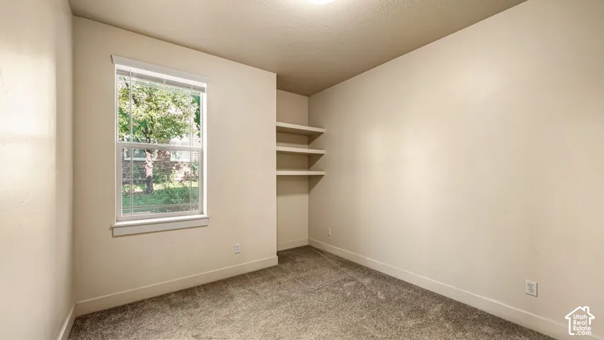 Built-in shelving, neutral-toned walls, and soft carpeting complement the natural light from the window