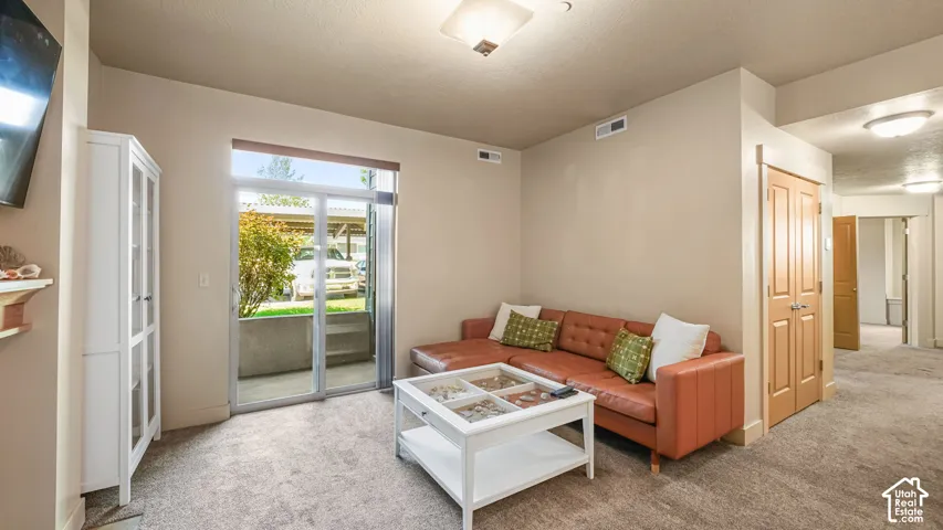 Recessed ceiling lighting, carpeted flooring, light neutral wall paint, sliding glass door, and a built-in storage cabinet