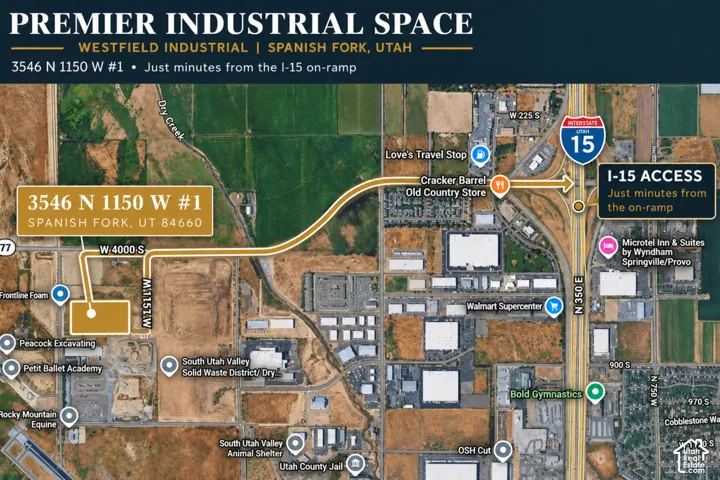 Site Plan. Illustrating the location of the property at 3546 N 1150 W #1 in Spanish Fork, UT, in relation to Interstate 15 and surrounding infrastructure