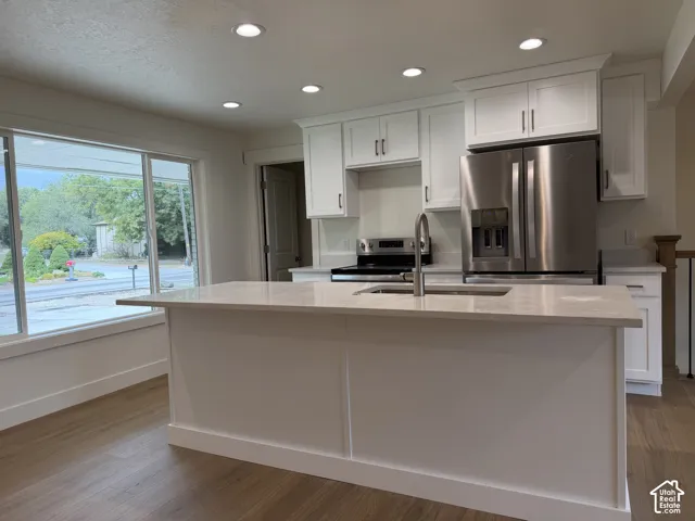 Kitchen featuring a central island with an undermount sink, white cabinetry with silver hardware, stainless steel appliances, recessed ceiling lighting, and wood-finish flooring