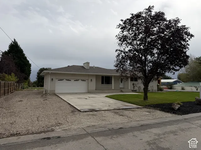 Single-story residence featuring a two-car garage, mature tree, and a concrete driveway