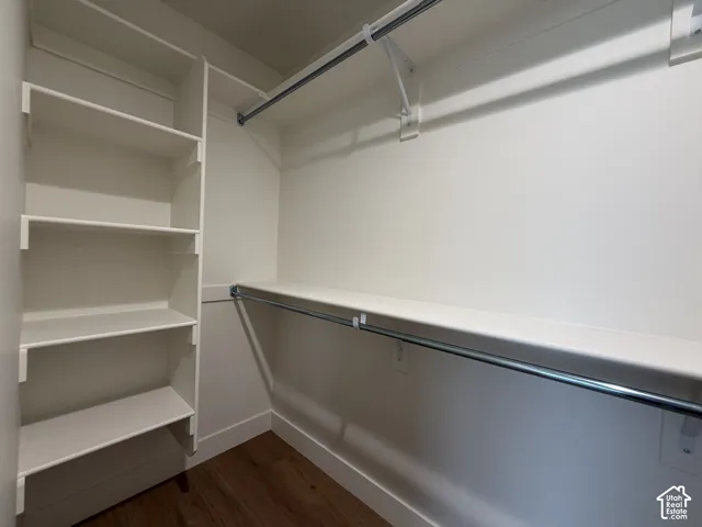 Built-in shelving, hanging rods, and wood-finish flooring