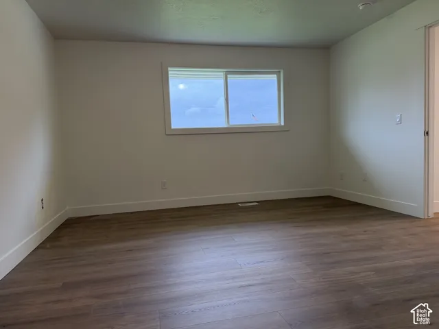 Wood-finish flooring with white baseboards, a large window, and light-colored walls