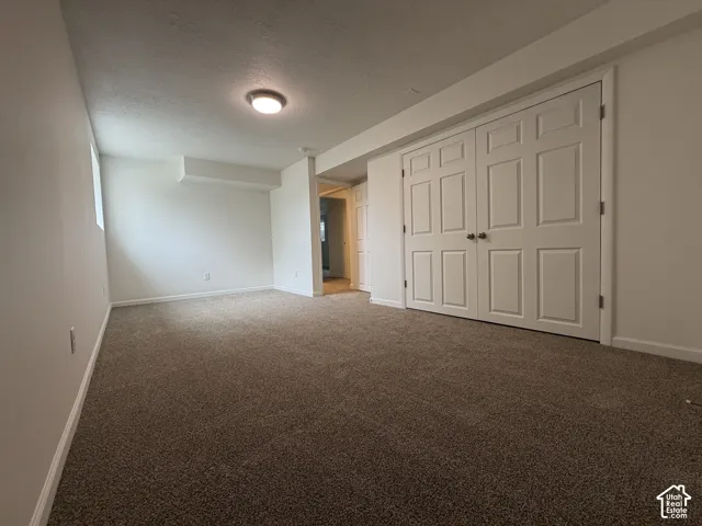 Carpeted room featuring white walls, a flush-mount ceiling light, and white paneled bi-fold doors