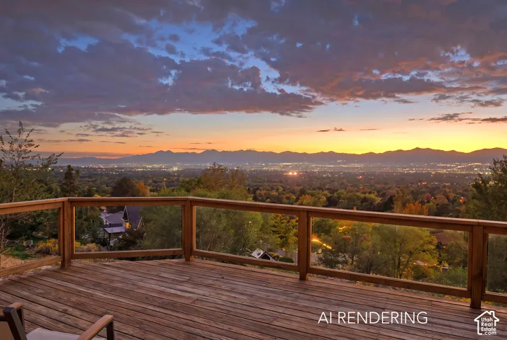 Wood-finish deck with a glass-paneled railing, offering expansive city and mountain scenery