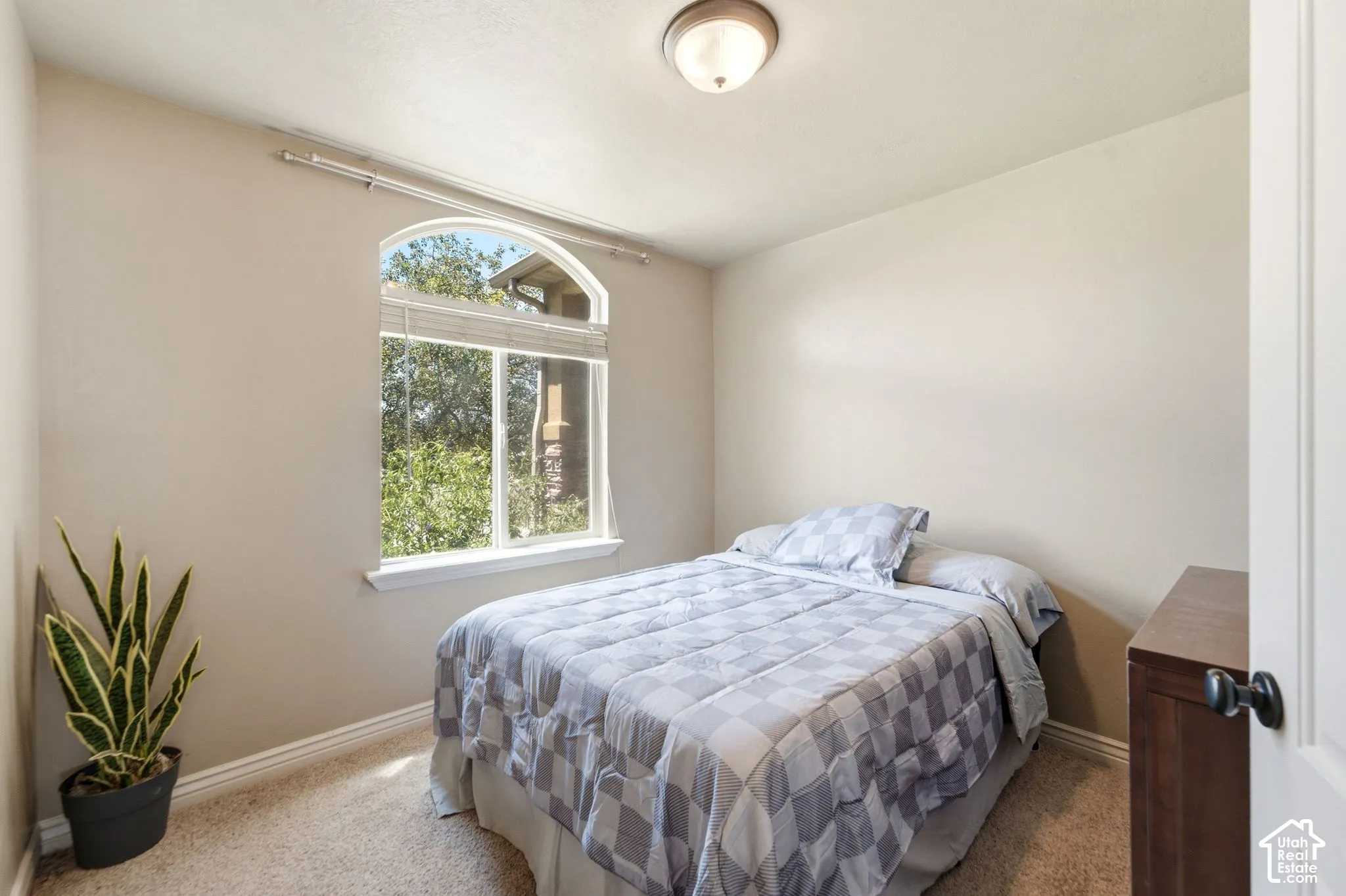 Bedroom featuring a large arched window, light beige walls, carpeted flooring, and a flush mount ceiling light