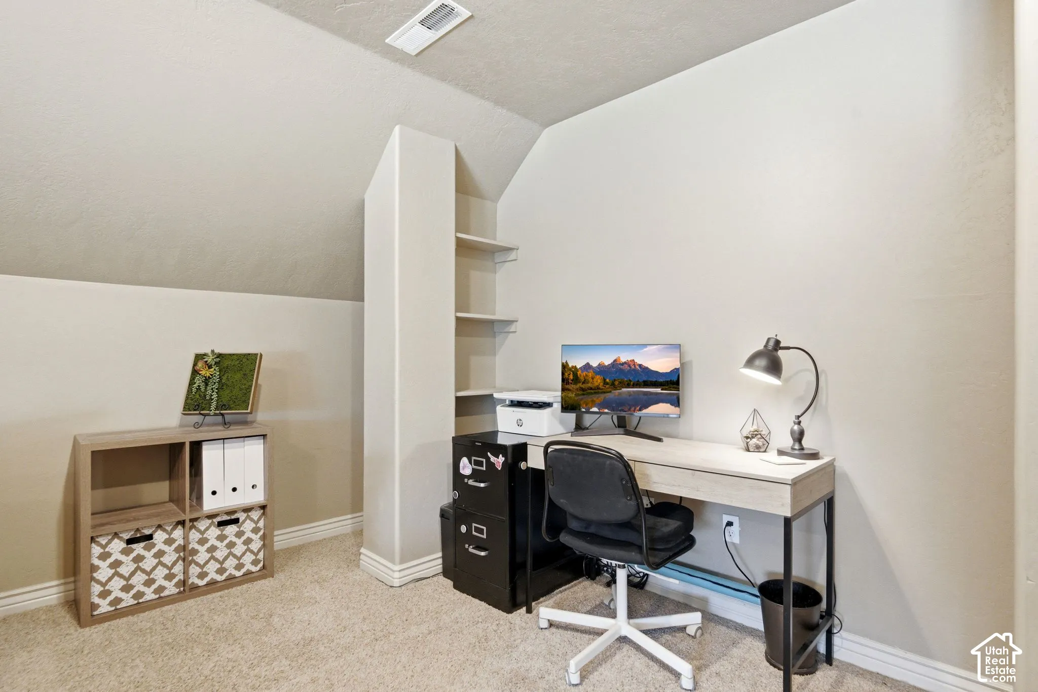 Carpeted room featuring sloped ceilings and built-in shelving LOFT