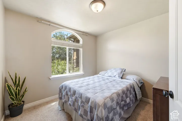 Bedroom featuring a large arched window, light beige walls, carpeted flooring, and a flush mount ceiling light