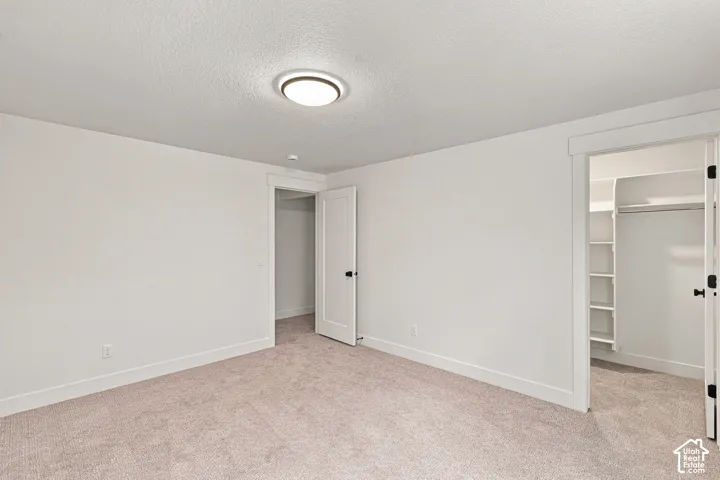 Neutral carpeted flooring with white baseboards, a flush-mount ceiling light fixture, and a built-in closet with shelving and hanging rod