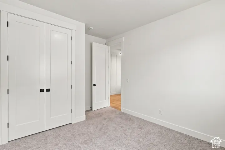 Wall-to-wall carpeting with light gray tones, white flat-panel closet doors, matte black door hardware, and white trim work