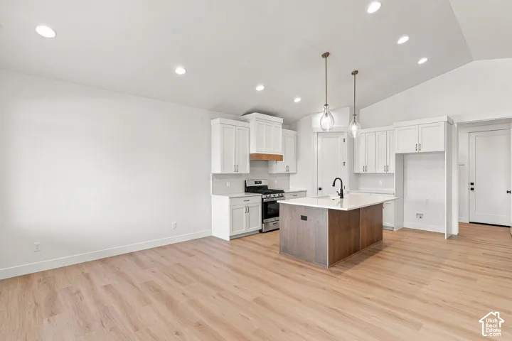 Open-concept kitchen featuring an island with a built-in sink, white cabinetry with gold hardware, stainless steel appliances, and light wood-finish flooring