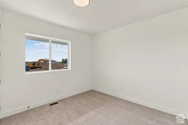 Recessed window with white frame, neutral carpeting, and a flush-mount ceiling light