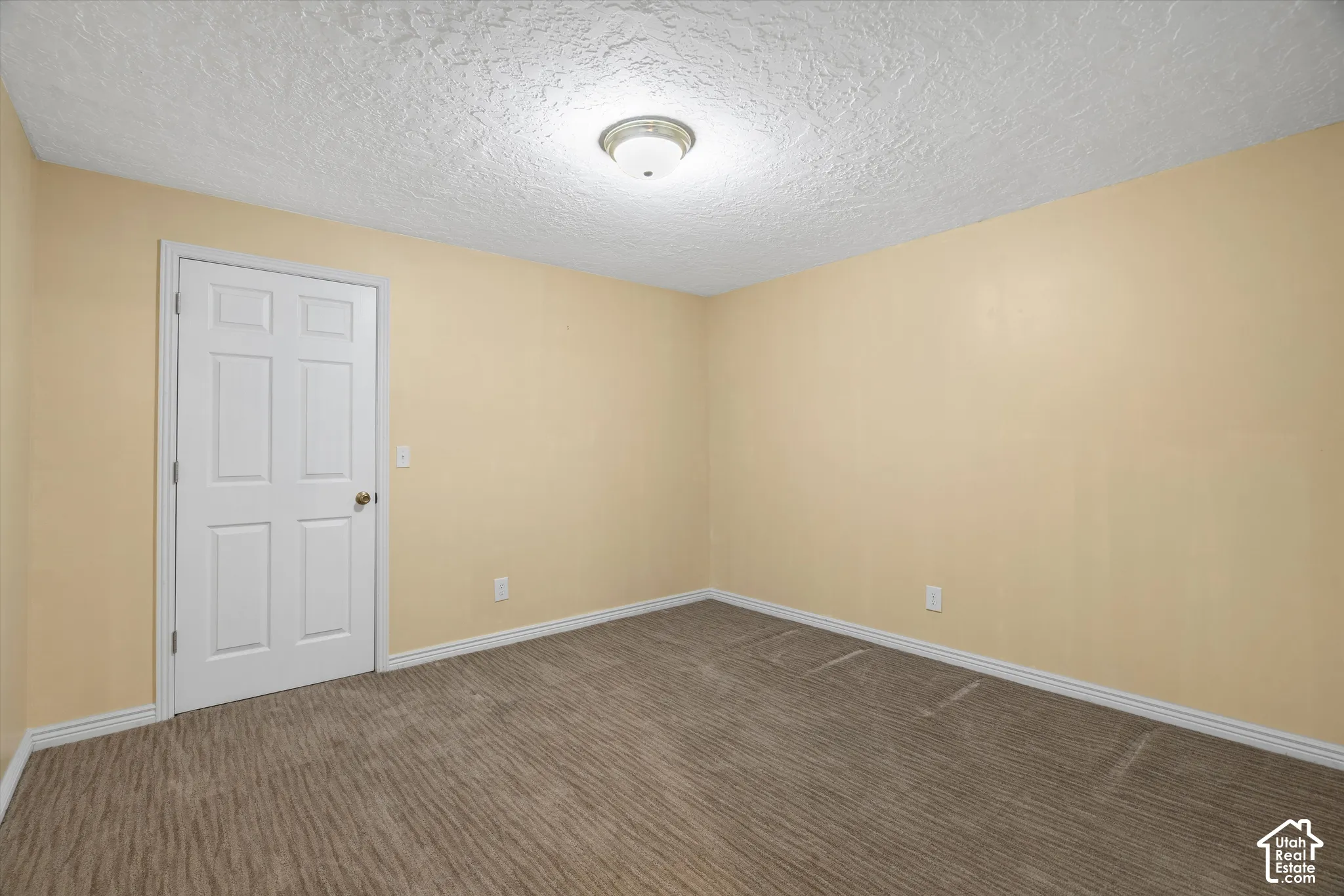 Carpeted room with light-colored walls, white trim, and a flush mount ceiling light fixture