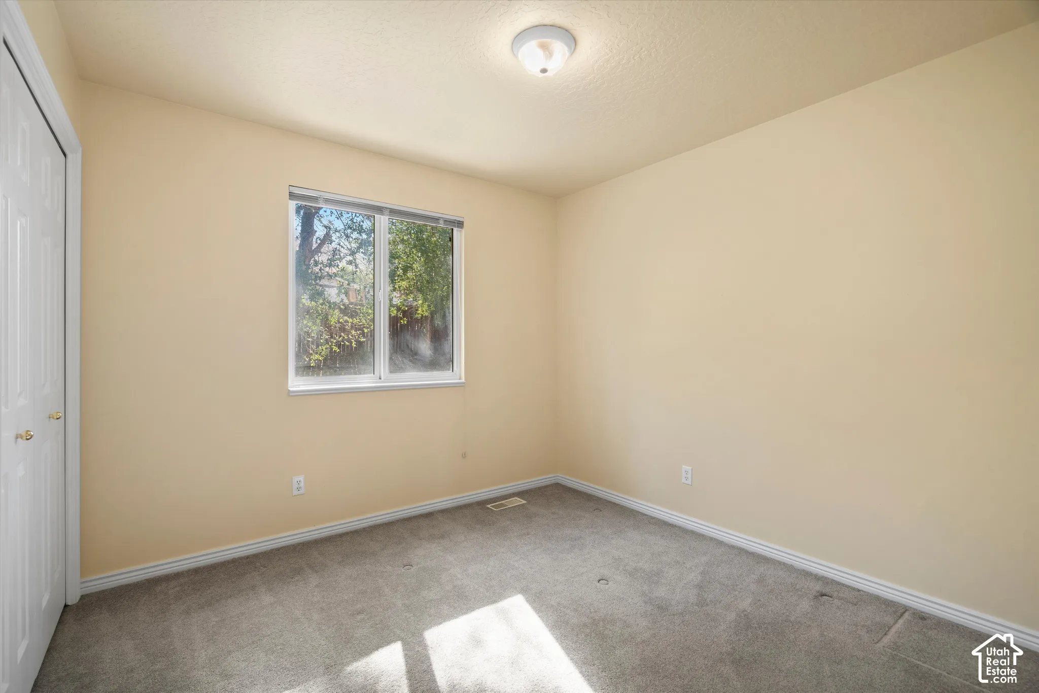 Recessed window with white frame, neutral carpeting, and a flush mount ceiling light fixture