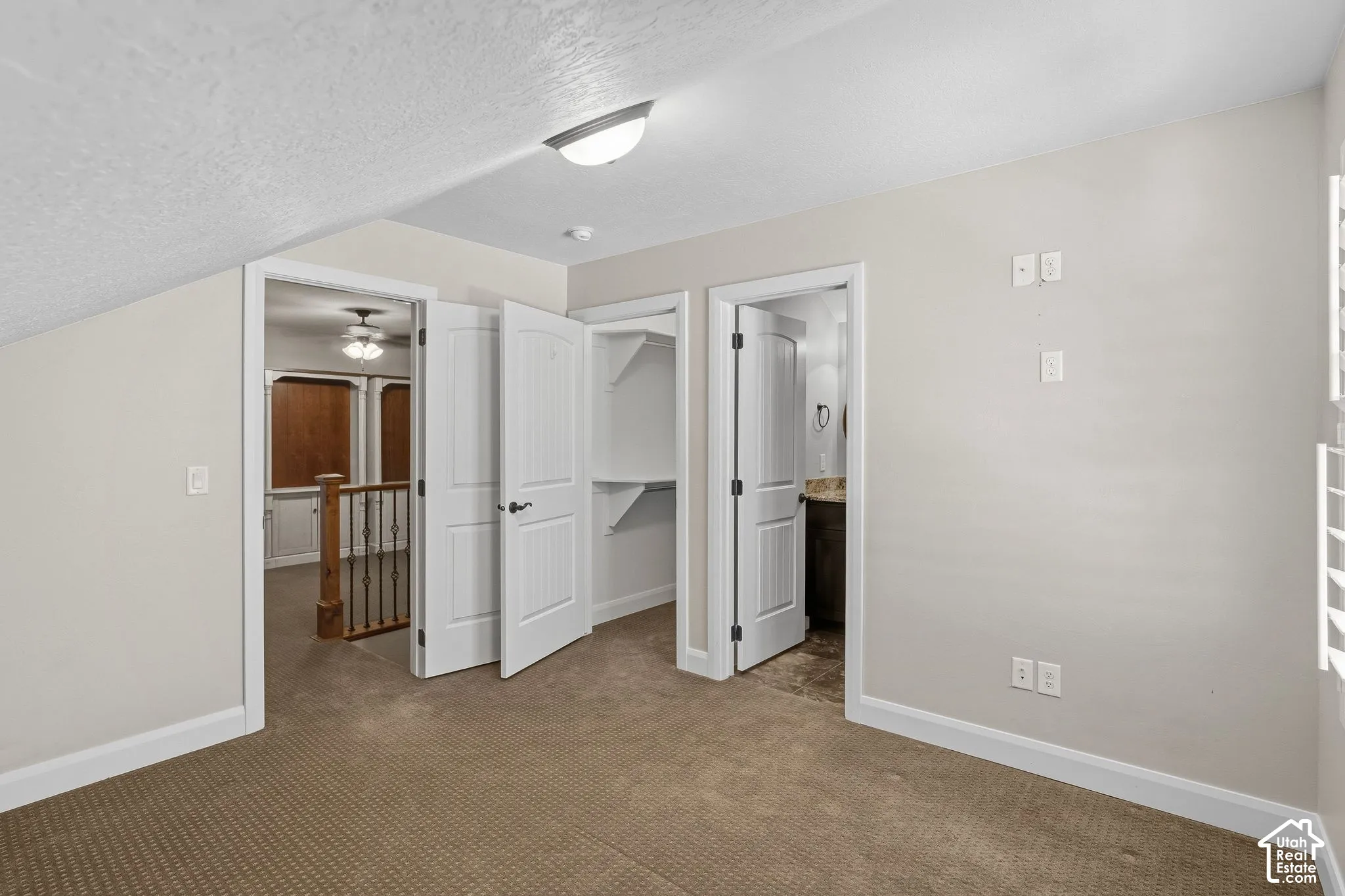 Carpet flooring, white painted walls, white doors, built-in shelving, and a ceiling-mounted light fixture