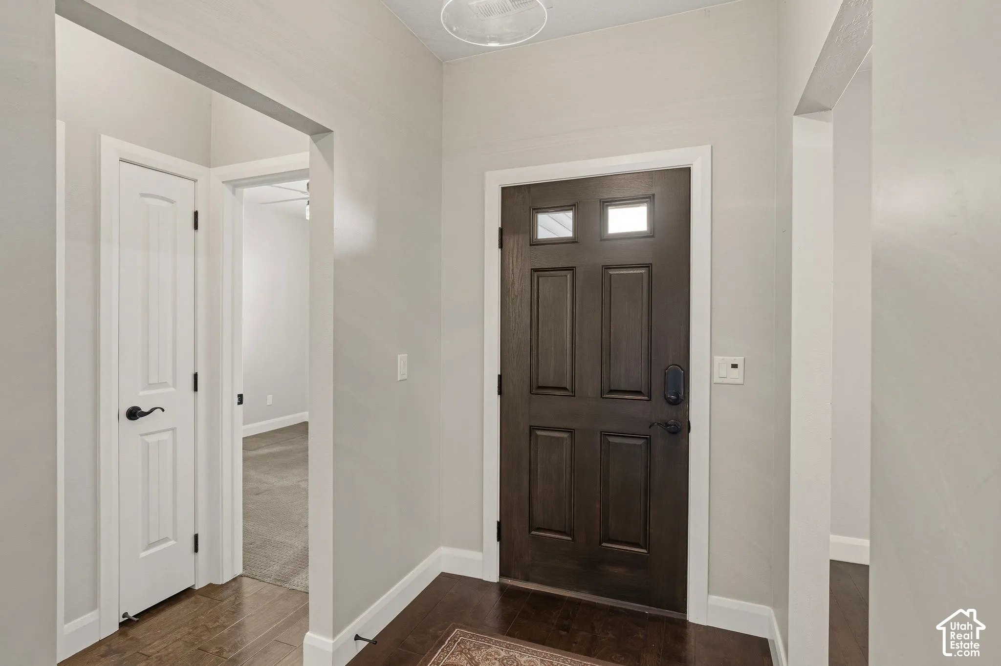 Dark wood-paneled entry door with transom windows