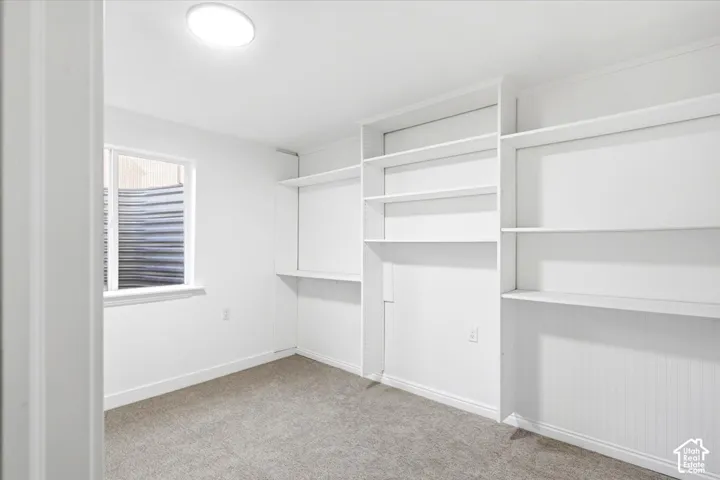 Built-in shelving, recessed window, overhead lighting fixture, and neutral carpeting