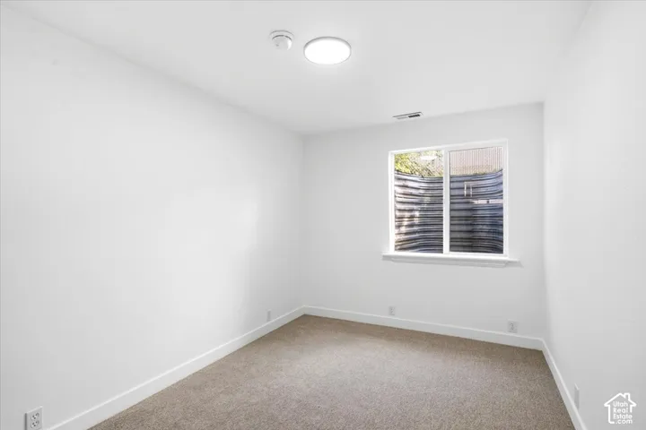 White-painted walls and a ceiling-mounted light fixture illuminate this room with neutral carpeting