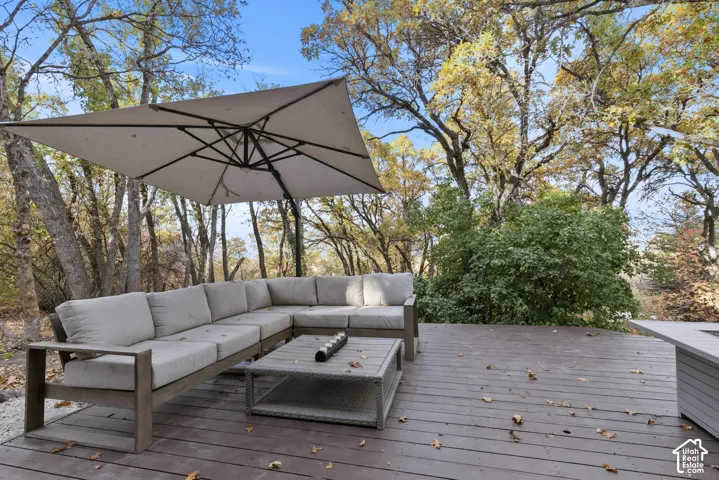 Spacious outdoor deck with dark wood-finish flooring
