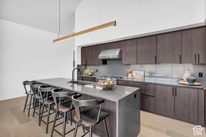 Kitchen featuring wood-finish flooring, dark wood-finish cabinetry, a large kitchen island with integrated sink, stainless steel range hood, and a linear pendant light fixture