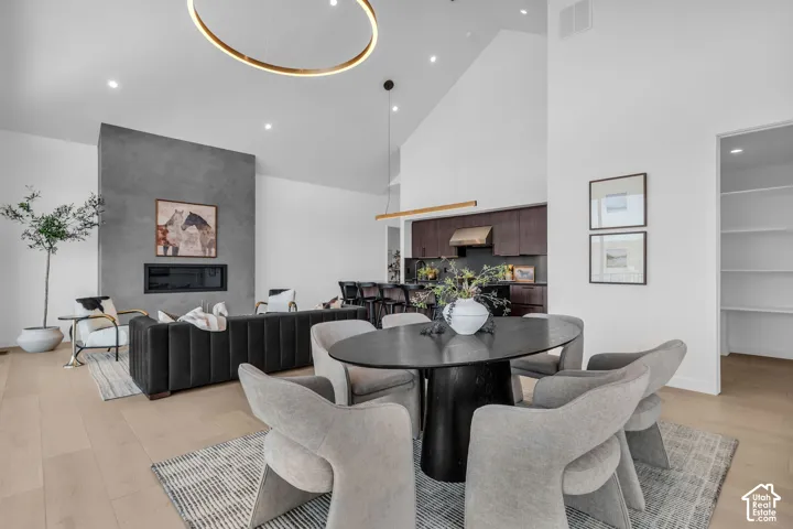 Vaulted ceiling with an integrated linear light fixture, wide plank wood-finish flooring, a wall-mounted linear fireplace, built-in shelving, and dark wood-finish cabinetry