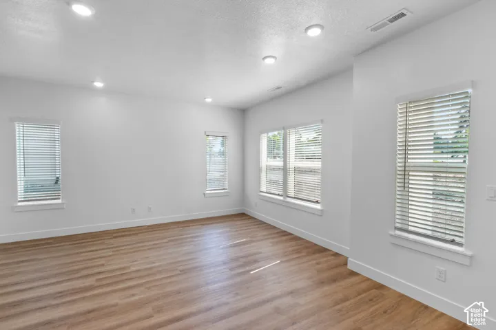 Wood-finish flooring, recessed ceiling lighting, and multiple windows with blinds