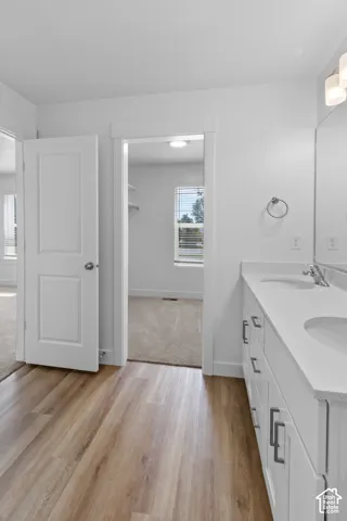 Dual vanity with integrated sinks, white cabinetry, and stone-finish countertops