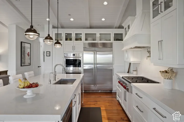 Gourmet kitchen featuring stainless steel appliances, white cabinetry, a spacious island with an undermount sink, recessed lighting, and wood-finish flooring