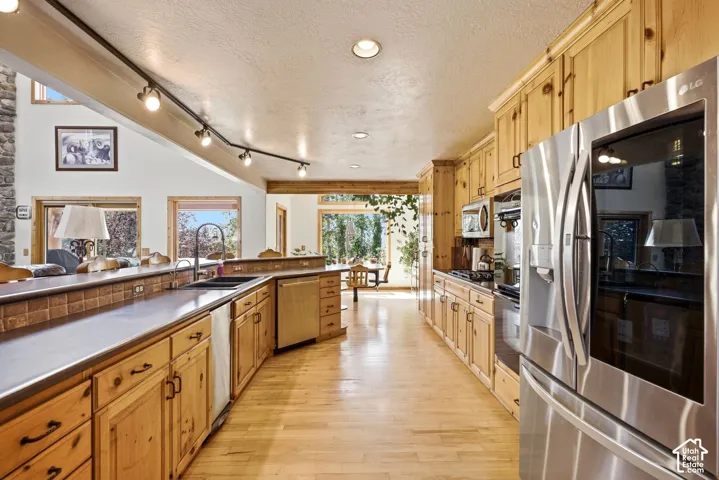 Wood-finish cabinetry, stainless steel appliances, track lighting, wood-finish flooring, and a stone accent wall