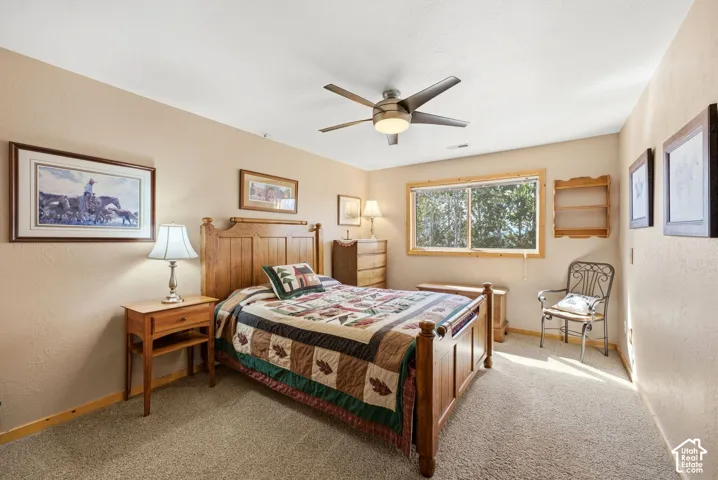 Carpeted flooring with a wood bed frame and matching nightstand