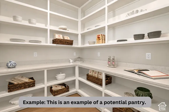 Extensive built-in shelving, ample countertop space, power outlets, and light-toned flooring