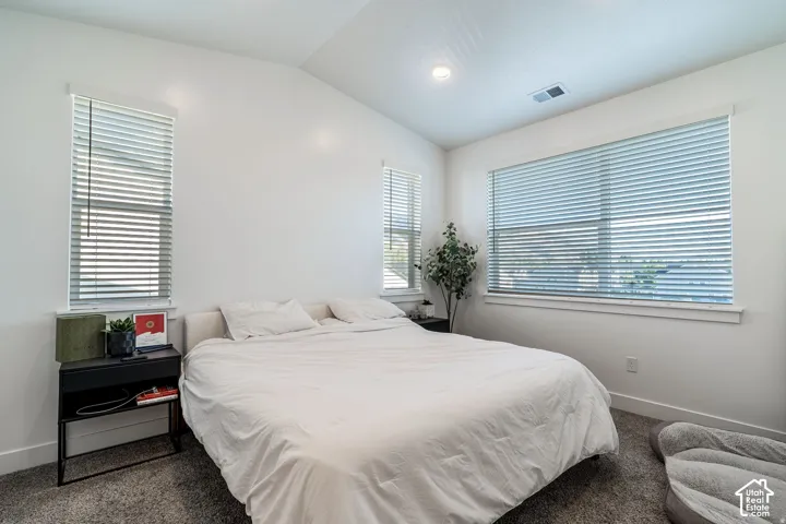 Bright bedroom featuring abundant natural light from dual windows with plantation shutters, carpeted flooring, and a black metal nightstand with integrated storage shelving