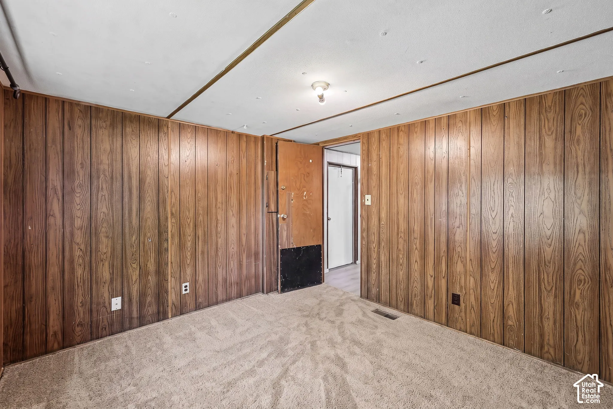 Carpeted interior space with wood-paneling walls and a flush-mounted ceiling light fixture