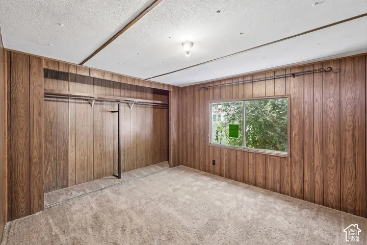 Carpeted flooring, wood-finish wall paneling, window with exterior scenery, overhead lighting, and an integrated closet system